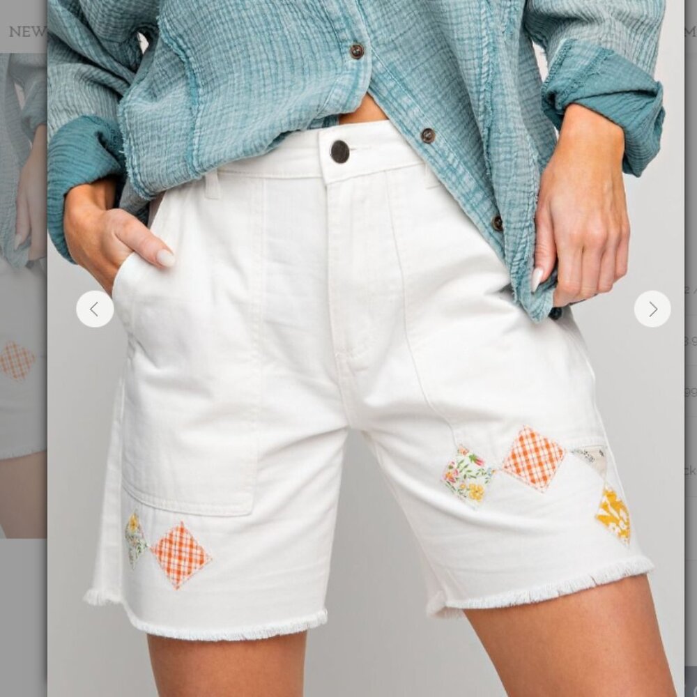 527 EASEL White Denim Twill Patchwork Frayed Edge Shorts